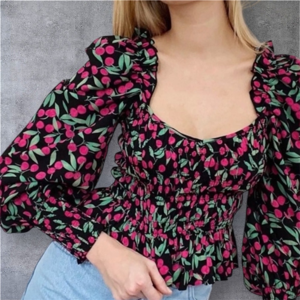 TOPSHOP Black and Pink Floral Blouse, Size 4